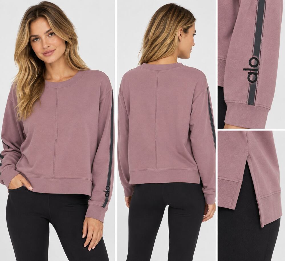 Alo Yoga Sweatshirt Women M Mauve Pink Side Slit Logo Sleeve Pullover